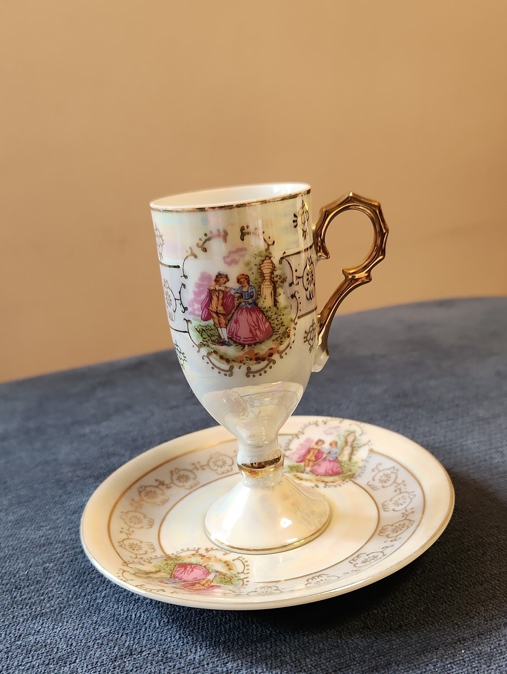 Vintage Royal Vienna Porcelain Pedestal Cup and Saucer - Gold